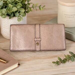 HOBO International Leather Wallet Metallic Taupe Snap Closure Checkbook Wallet